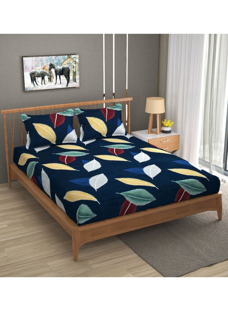 AURIO Premium Queen Size Flat Bedsheet with 2 Matching Pillowcases – Luxury Modern Botanical Leaf Print on Navy Blue – Oversized Comfort (260x240 cm) Soft, Breathable Microfiber Bedding Set for All Seasons - Image 1